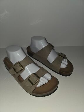Skechers Women's Size 9 Luxe Foam Taupe Double Strap Slide Sandals Vegan